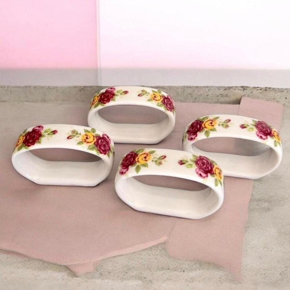 Vintage Genuine Bone China Napkin Rings Set of 4 Chintz Rose Pattern Taiwan